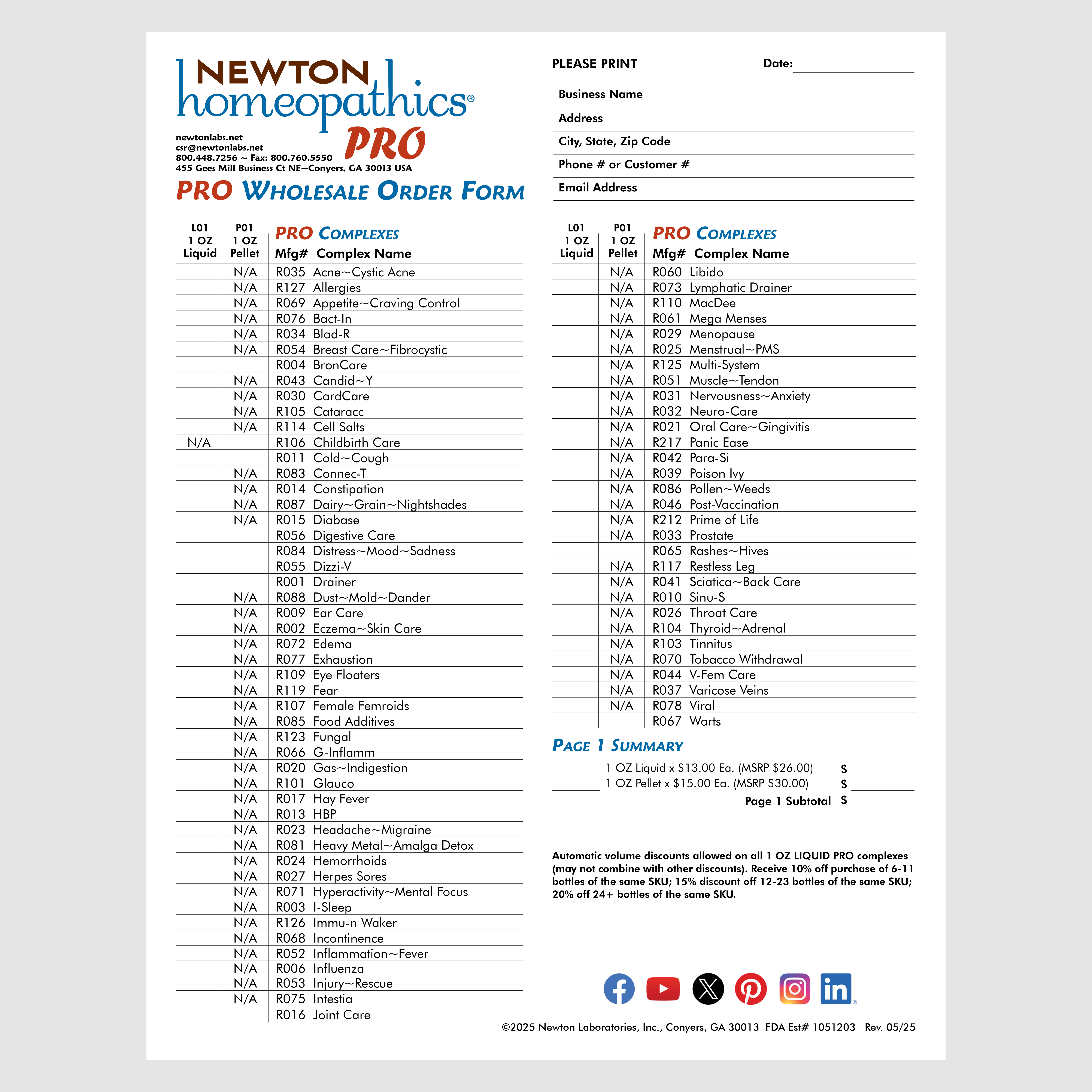 NEWTON homeopathics PRO Wholesale Order Form