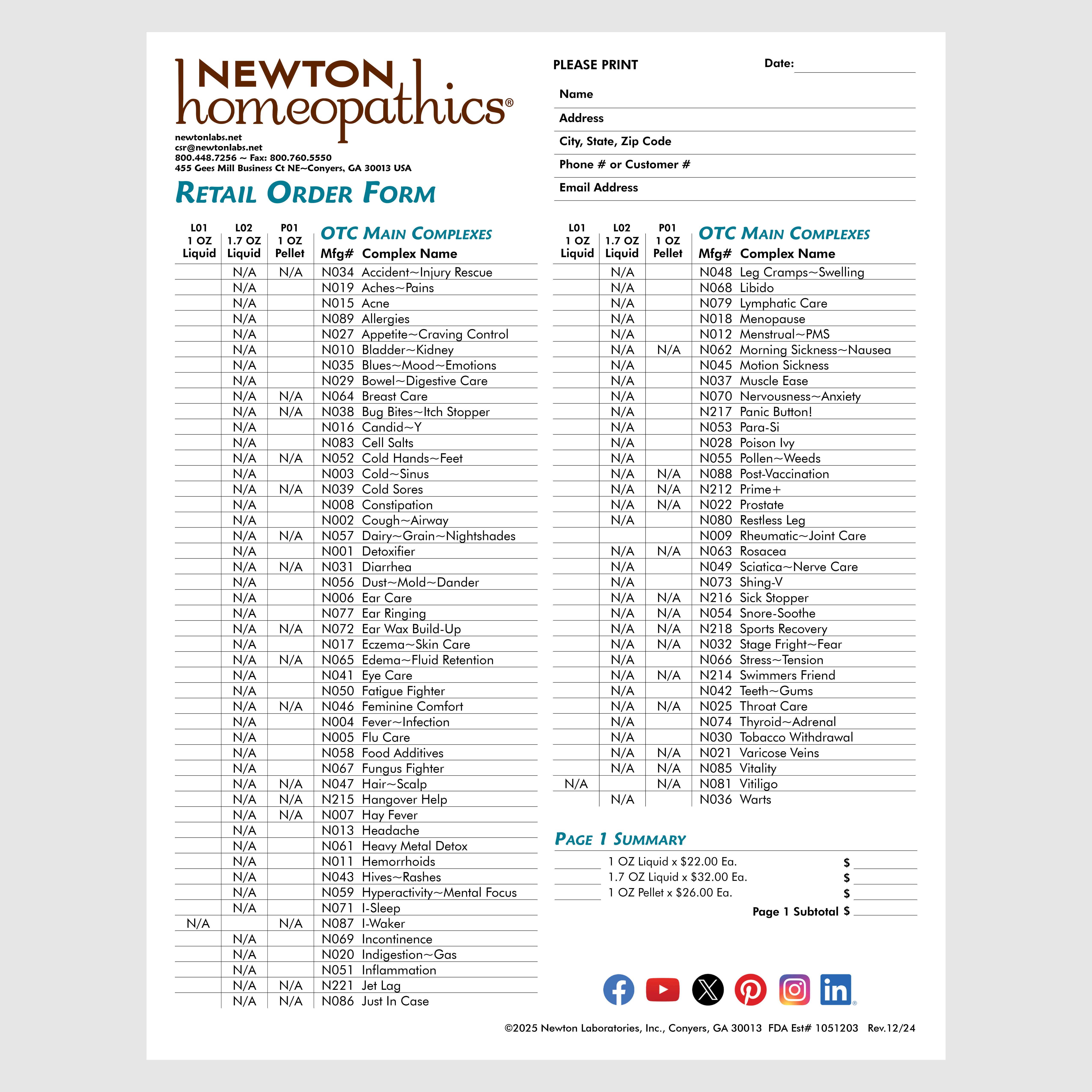 NEWTON homeopathics OTC Retail Order Form